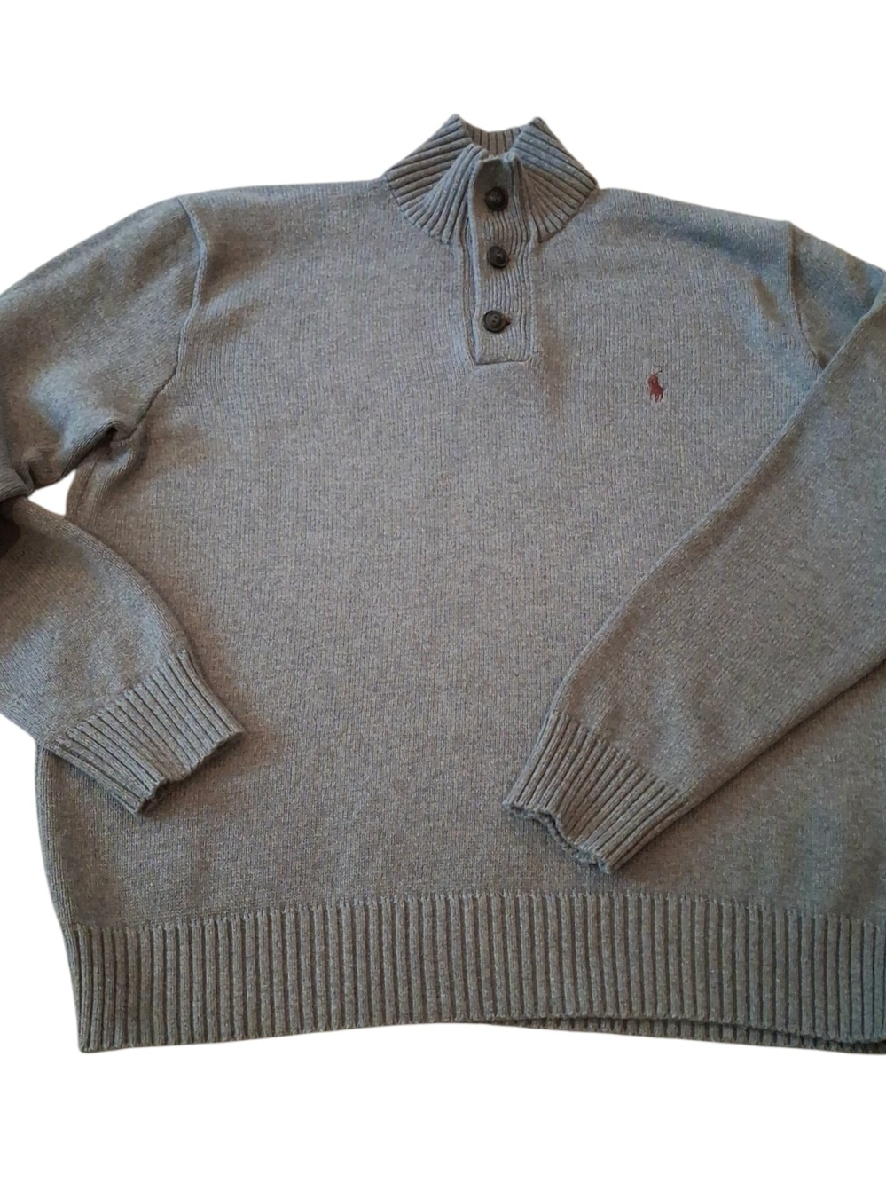 Polo Ralph Lauren Men's Gray Ribbed Mock  Neck 3 Button 100% Cotton Sweater
